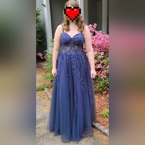 David's Bridal Jules & Cleo Blue/grey Tulle Lace Prom Dress Evening Gown, Sz 10